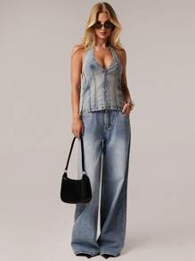 SHEIN Forever 21 Spring&Summer Women Romantic/Prom/Formal/Birthday/Backless/90s /Business Casual/Elegant/Western Wear/Going Out/Fashion/Casual/Y2k Clothes/Club/Office /Cocktail/Vintage/Bodycon/Rave Outfits/Funny/Classy/Old Money/Streetwear/Vacation/Country Concert/Work/Modest/Spring Break/Bachelorette Outfits/Concert/Baddie/Basic/Graduation/Blue Washed/Cowgirl Outfits/Denim Top - Blue - View 6