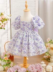 SHEIN Glamorique Kids Baby Girl Purple Flower Bowknot Puff Sleeve Mesh Princess Dress Girls Princess Dress Baby Girl Princess Dress For Baby Girls Occasion Baby Girl Dresses Toddler Dress For Wedding Baby Elegant Dress Baby Spring Dress Princesa Dress For Baby
