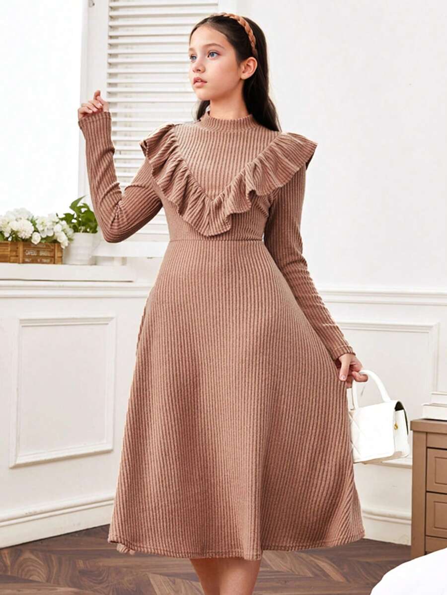 SHEIN Tween Girls Fitted Casual Ribbed Stand Collar Ruffle Hem Long Sleeve Sweater Dress - Khaki - View 1