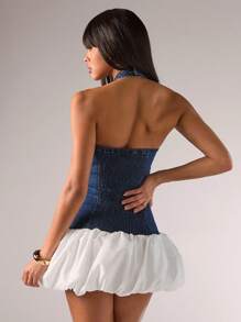 SHEIN BAE Vestido de mujer de mezclilla con diseño de botones, cuello halter y bajo con volantes, vestido de verano elegante de mujer, vestido de playa de mujer, traje de mujer