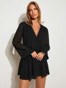 COSMINA Vestido informal de manga farol de unicolor y mini longitud, apto para ir al trabajo