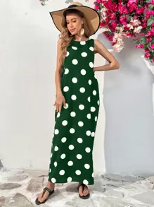 SHEIN Essnce 女士夏季无袖波点印花连衣裙，长款圆领，带大口袋，休闲连衣裙，绿色 - 墨綠色 - 查看 5