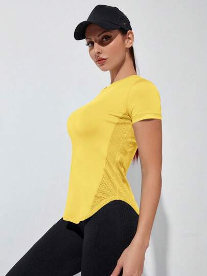 Powerista Fitness Workout Solid Color Round Neck Splice Short Sleeve Breathable T-Shirt Gym Women Shirts