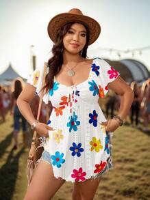 SHEIN VCAY 大码度假岛浪漫休闲白色针织提花彩色提花露肩收腰A字T恤女式嬉皮士复活节女式狂欢乡村音乐会纳什维尔伊比沙岛可爱衬衫女式花卉图案T恤