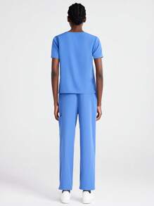 TaskEZ Women's Beaded Round Neck Short Sleeve Top And Pants Nursing Scrub Uniform Set - Blue - View 2