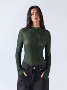 LYSMO Green Rhinestone-Embellished Women's Top - Dark Green - View 3