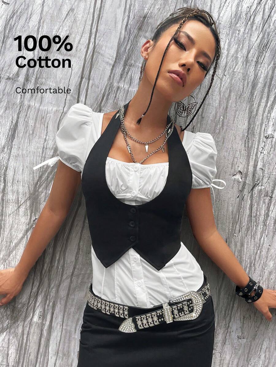 SHEIN ICON 1pc Hanky Hem Backless Crop Halter Top Without Blouse - Black - View 1