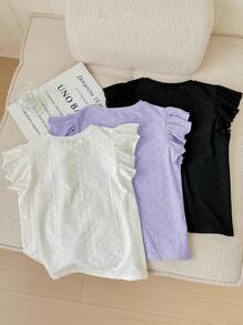 SHEIN Leap Crew 3 件套 Tween 女童休闲提花纯色圆领盖袖针织上衣 - 淡紫色 - 查看 2