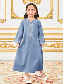 SHEIN Leap Crew Retro Pattern Print Long Robe For Young Girl - Blue - View 6