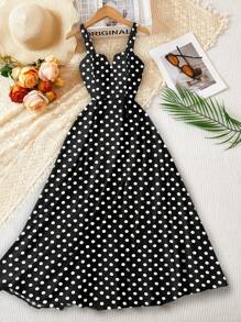 Chiquease 女士宽肩带黑白波尔卡圆点印花休闲度假海滩优雅吊带复古可爱淑女约会情人节长裙