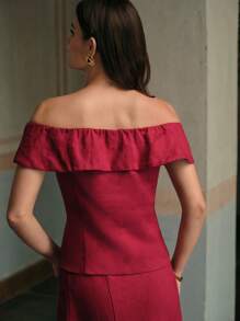 ZEYLAH 女士纯色前扣亚麻露肩优雅衬衫 - 酒紅色 - 查看 3