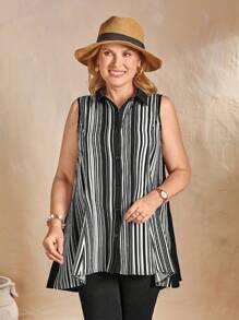 EMERY ROSE New French Stylish Elegant Loose Fit Vertical Striped Single-Breasted Asymmetrical Hem Patchwork Color Women Sleeveless Top - Black - View 5
