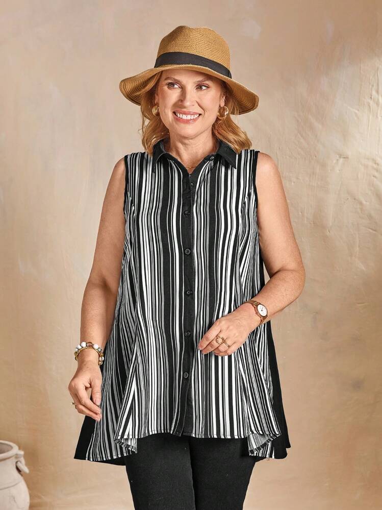 EMERY ROSE Nueva blusa de mujer con estilo francés elegante, corte holgado, de rayas verticales, de un solo botonadura, bajo asimétrico y parches de colores - Negro - Añade 5