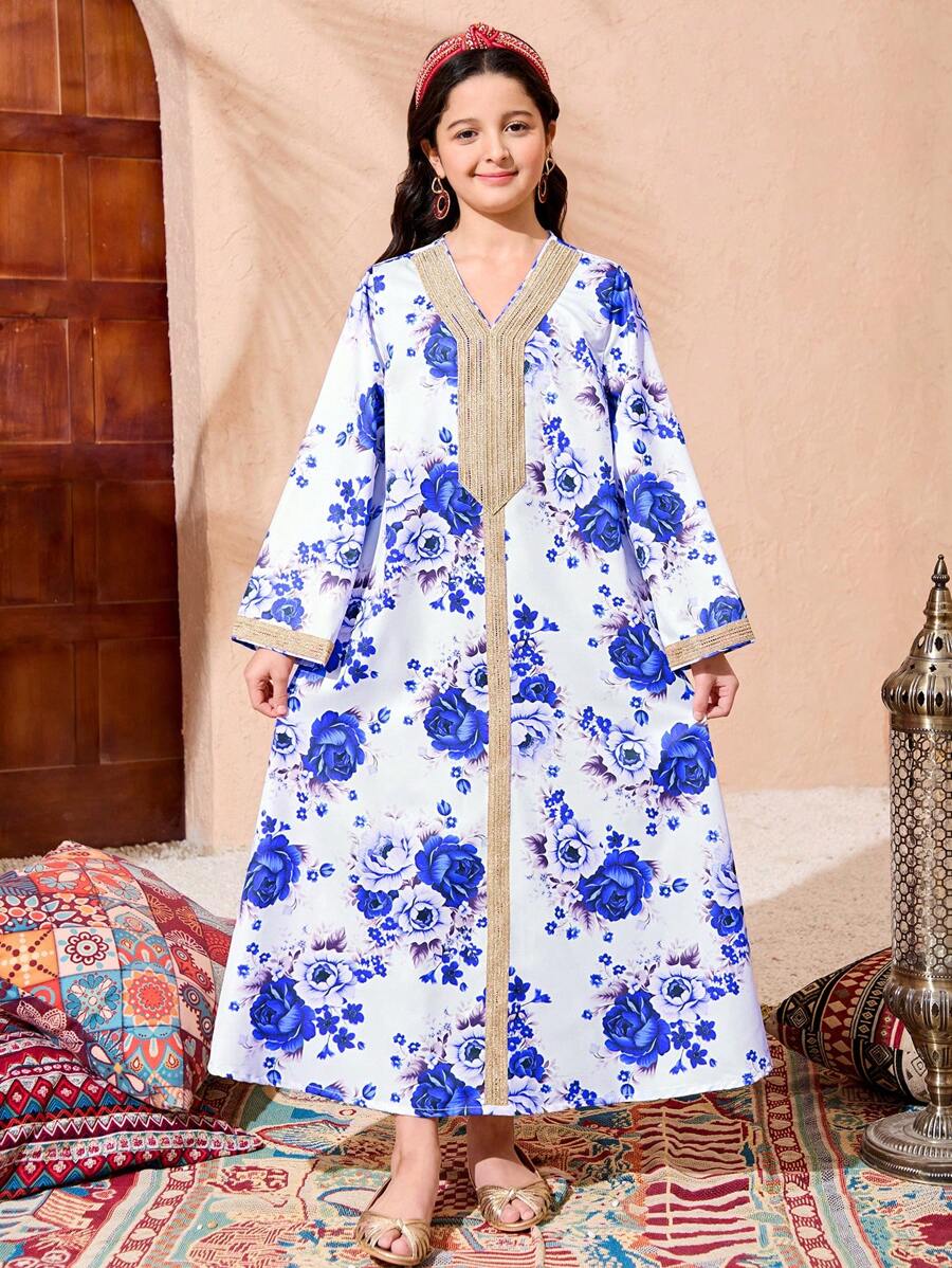 Tween Girl Abaya Kaftan Jalabiya 束腰外衣,朴素连衣裙,金色丝带领口,花卉复古印花,宽松度假传统长裙 - 藍色 - 查看 1