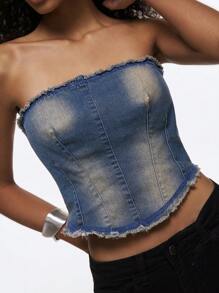 Easelle Top scurt din denim rupt, stil western pentru femei, stil cowgirl vintage hippie, cu fermoar la spate și franjuri, potrivit pentru festivaluri de muzică de vară - Spălare întunecată - Vizualizare 1