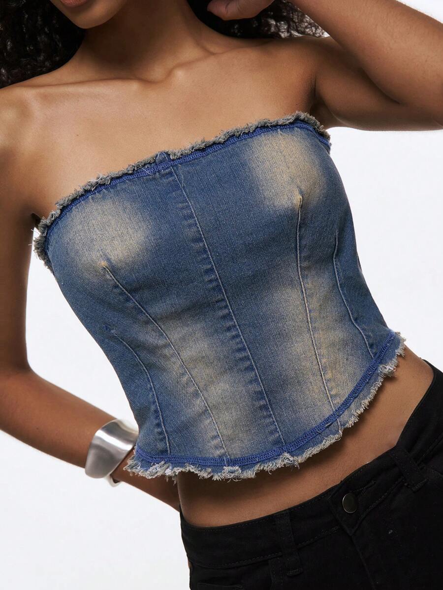 Easelle Top scurt din denim rupt, stil western pentru femei, stil cowgirl vintage hippie, cu fermoar la spate și franjuri, potrivit pentru festivaluri de muzică de vară - Spălare întunecată - Vizualizare 1