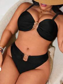 SHEIN Swim Curve Plus Size Women Solid Color Casual Vacation Style Tankini Swimwear Set