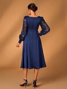 Serin Vestido elegante y lujoso para mujer, de color champagne, con lentejuelas brillantes de satén, mangas farol, cuello cruzado en V, plisado y dobladillo evasé, adecuado para que las madres asistan a bodas, fiestas y eventos de noche