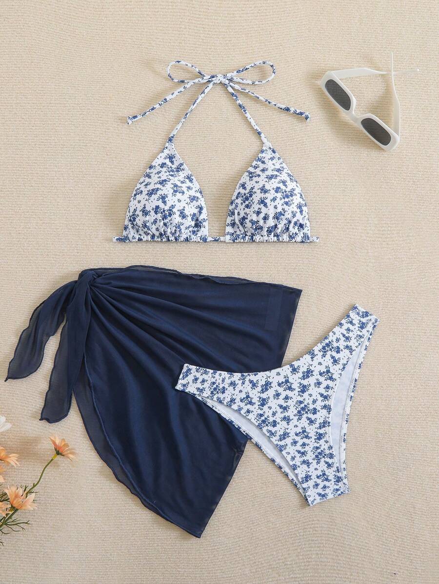 Swim Mod Bộ bikini hở cổ yếm cho nữ kèm váy che phủ màu trơn - Màu xanh hải quân - Xem 1