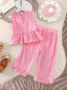 Baby Girls Ruffle Outfit, Summer New Solid Color Sweet Top + Casual Pants Set - Dusty Pink - View 2