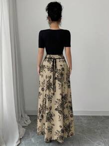 Selianne Vestido midi Qipao con estampado floral de estilo chino, cuello cuadrado, manga corta y cintura ajustada con nudo para mujer - Caqui - Ver 2