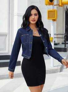 SHEIN Essnce 时尚休闲百搭修身女式牛仔夹克 - 深色水洗藍 - 查看 4