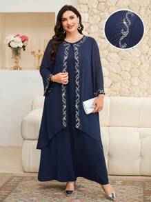 Modelyn 女士加大码水钻装饰长袍和睡袍两件套，优雅 - 藏蓝色 - 查看 2