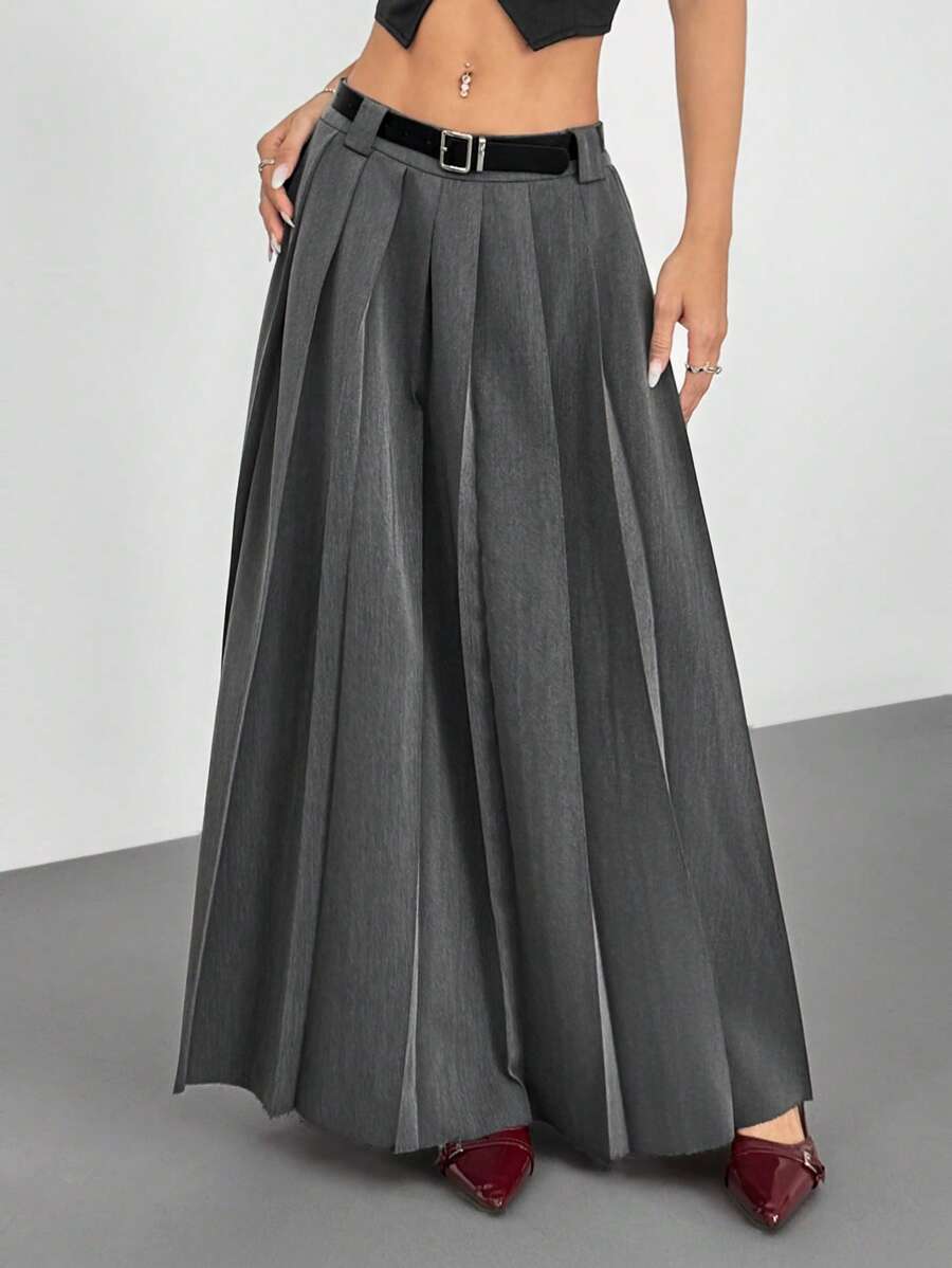 SHEIN EZwear 时尚通勤灰色褶皱低腰半身裙 - 灰色 - 查看 1