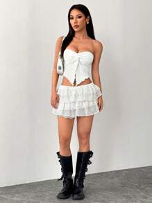 SHEIN PETITE Áo ba lỗ dệt kim họa tiết màu mơ cho kỳ nghỉ của phụ nữ với viền xoắn bất đối xứng - trắng - Xem 7