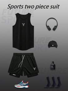 Manfinity Sport Corelite Men's Sporty Outfit Sleeveless Top And Shorts, Minimalist & Fashionable Gym Clothes, Suitable For Summer, Men Gym Set, Summer Gym Clothes, Black Gym Set, Running Set