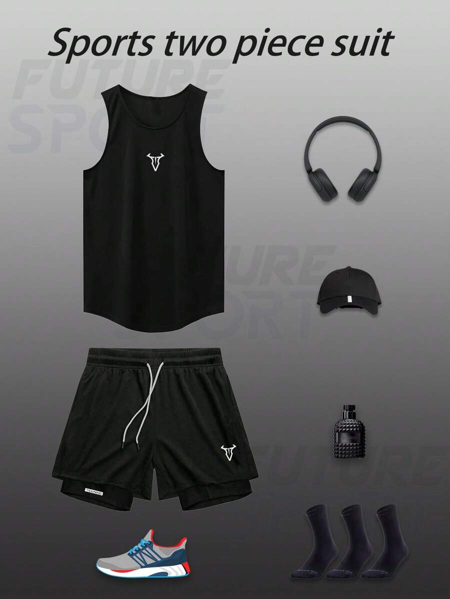 Manfinity Sport Corelite Men's Sporty Outfit Sleeveless Top And Shorts, Minimalist & Fashionable Gym Clothes, Suitable For Summer, Men Gym Set, Summer Gym Clothes, Black Gym Set, Running Set