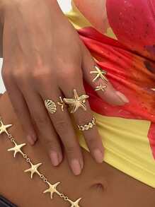 ROMWE Goth 4 pièces Bagues de mode style océan - Étoile de mer brillante, coquille, bagues en métal géométriques, bague ouverte. Cadeaux pour femmes, filles, épouses