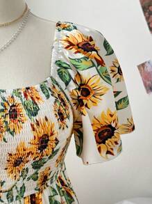 Sunnyshic Vestido A-Line de mujer de talla grande con estampado de girasol y mangas con volantes, elegante vestido de verano para vacaciones y playa
