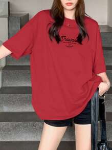 DAZY 女士简约印花圆领短袖T恤日常百搭千工装夏季超大码T恤 - 紅色 - 查看 3