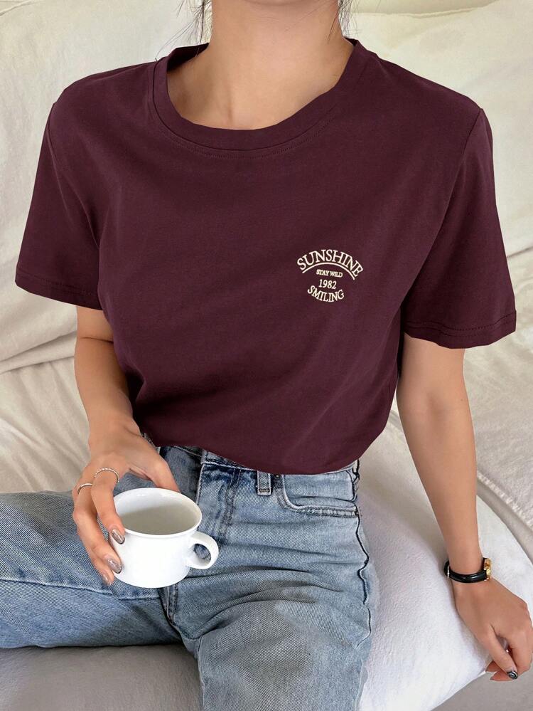 Women Summer Casual Printed Short Sleeve T-Shirt With Alphabet Pattern