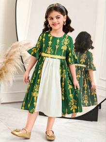 DRMZ Young Girl Chiffon Floral Splice Round Neck Snug Fit Dress - Green - View 5