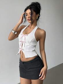 Aloruh Solid Color Bow Decor Backless Fitted Cropped Tank Top - White - View 1