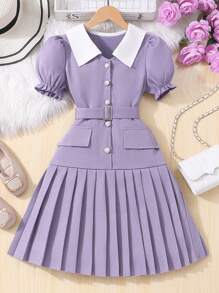 SHEIN Váy vải họa tiết đơn hàng khuy tay bồng ngắn cổ màu tương phản cho bé gái tuổi mới lớn - Màu tím - Xem 8