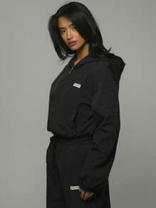 Musera Sport Cropped Hooded Zip Up Slogan ' Sport' Jacket, Padel, Tennis, Pickleball Gym Fitness - Black - View 2