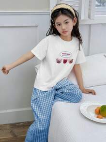 DAZY 2 件套 Tween 女童圆领熊印花针织短袖 T 恤 + 格子编织裤春夏装 - 藍白色 - 查看 2