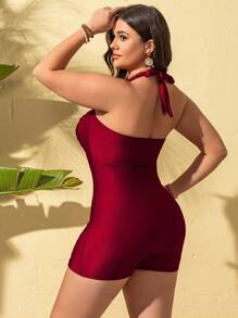 SHEIN Swim Curve Plus Size Women's Red Backless Halter One-Piece Swimsuit, Sexy & Elegant For Summer Beach & Vacation - Red - View 2