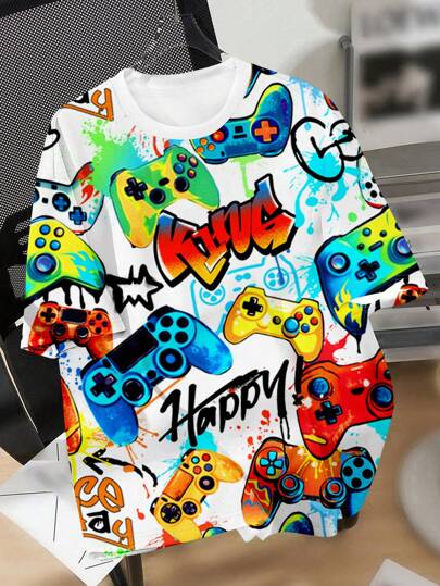 SHEIN Tween Boys' Casual Minimalist Short Sleeve Crew Neck T-Shirt, Suitable For Summer