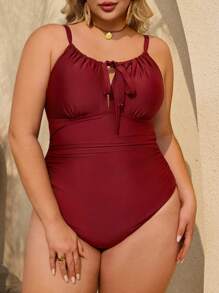 SHEIN CURVE+ Plus Size One Piece Solid Color Hollow Out Drawstring Ruched Sexy & Elegant Women Beachwear Swimsuit - Brown - View 5
