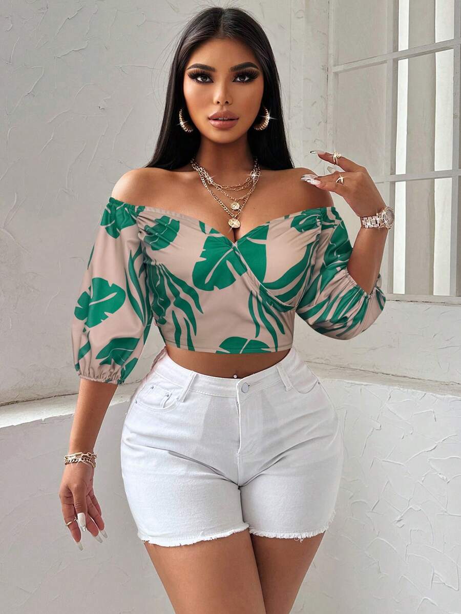 SOLERSUN Bluzka z bufiastymi rękawami i nadrukiem kwiatowym, skrócona, na noworoczne ubrania