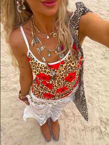 豹纹与花卉印花可调节肩带吊带背心，夏季