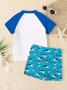 SHEIN Conjunto de 2 piezas de traje de baño minimalista de cuello redondo y manga corta casual para niño preadolescente, adecuado para el verano