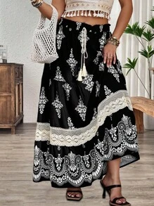 Breezaya Plus Size Women Retro Printed Hollow Out Flare A-Line Skirt, Spring/Summer - Black - View 1