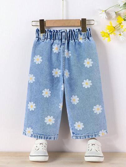SHEIN Playful Pals Denimly Baby Girls' Casual Urban Light Wash Wide Leg Jeans With Floral Print, Pleated Waist & Elastic Waistband