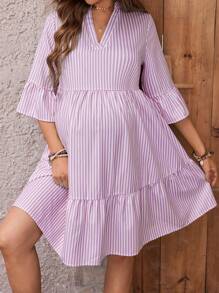 SHEIN Women Striped 3/4 Sleeve Notched Neck Shirt Dress Maternity Dress - Purple - View 4