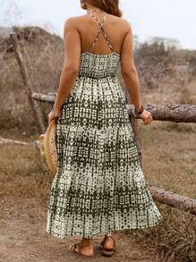 SHEIN Clasi Plus Size Women's Spring/Summer Music Festival Boho Vacation French Casual Holiday Shirred V-Neck Backless Layered Hem A-Line Maxi Strap Dress - Army Green - View 2